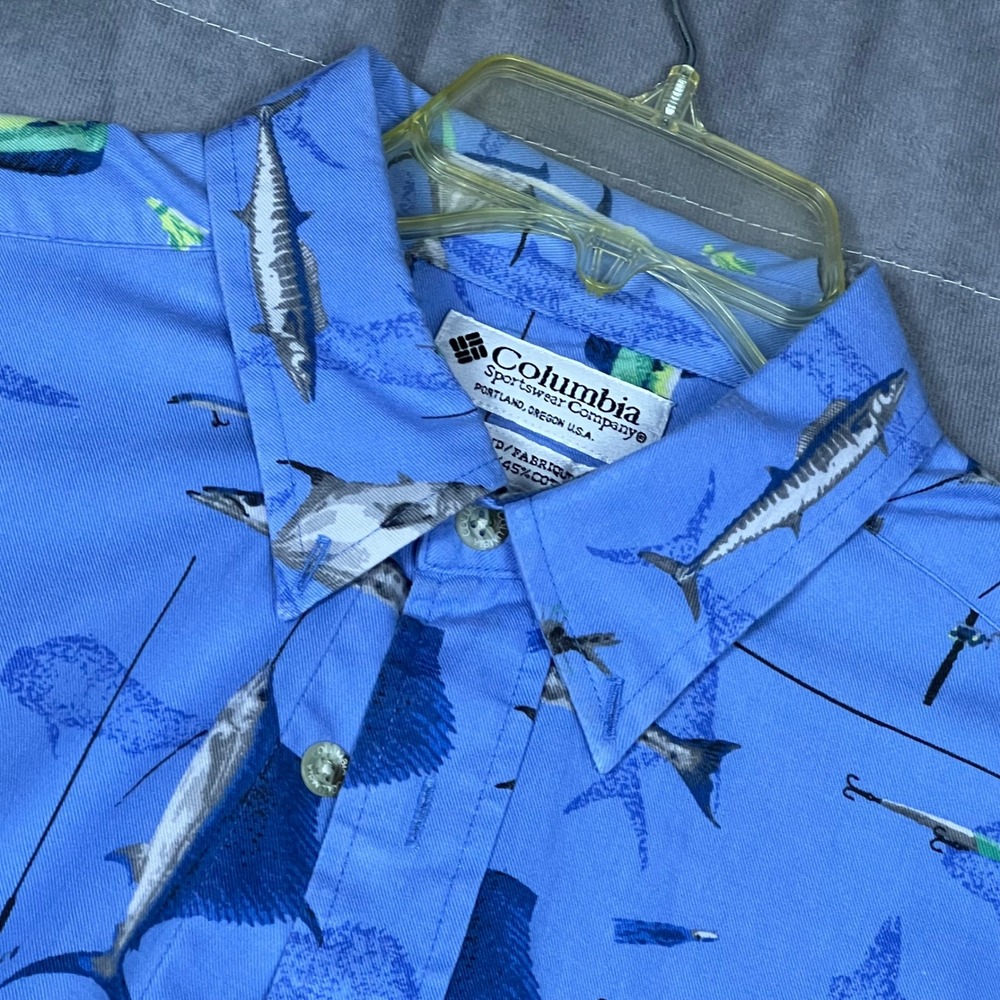 Columbia Fishing Print Shirt Mens Large Blue Excellent Short Sleeve FM7032‎